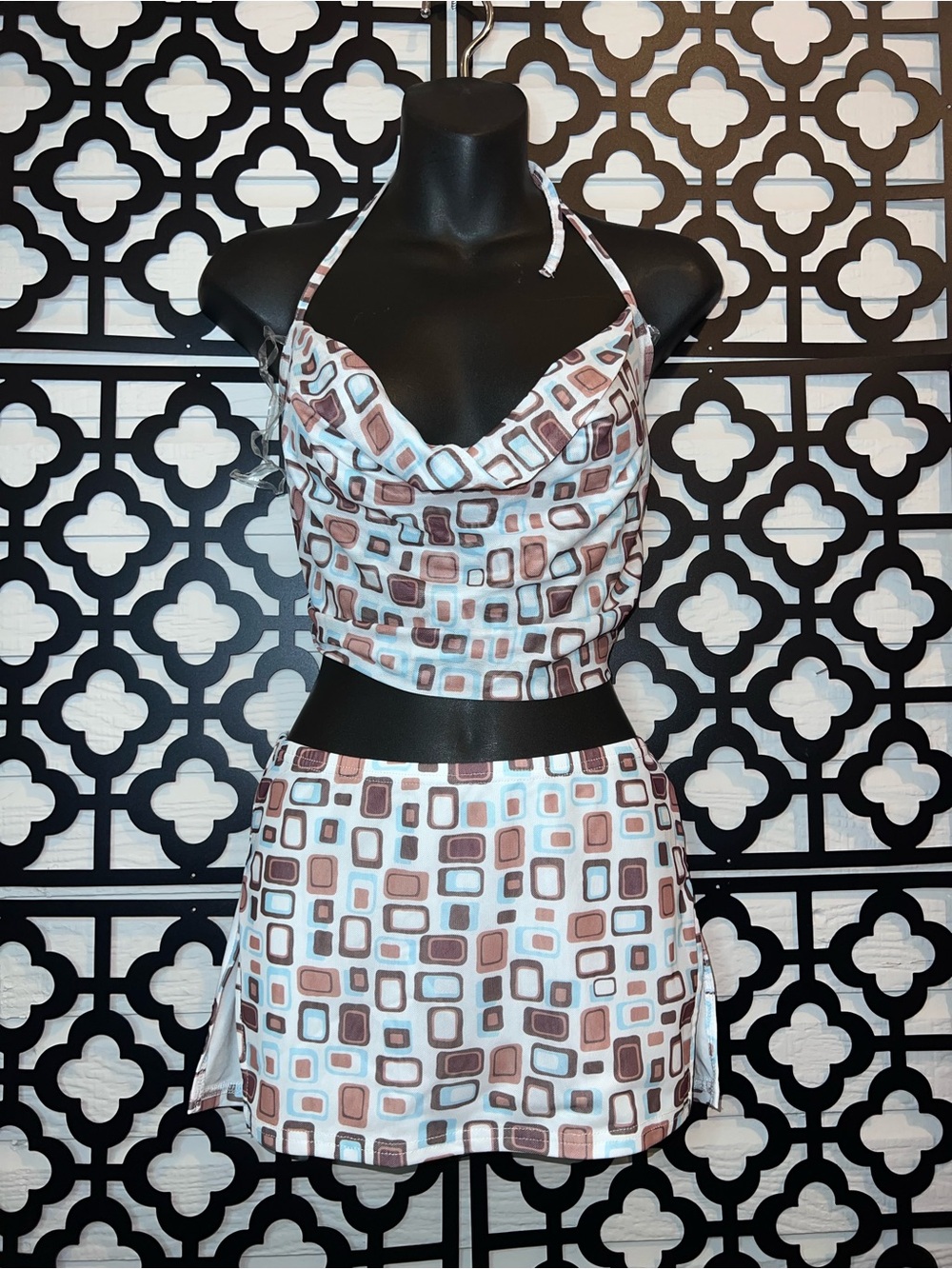 Dolls Kill Brown and Cream Geo Print Halter Crop Top & Mini Skirt Set